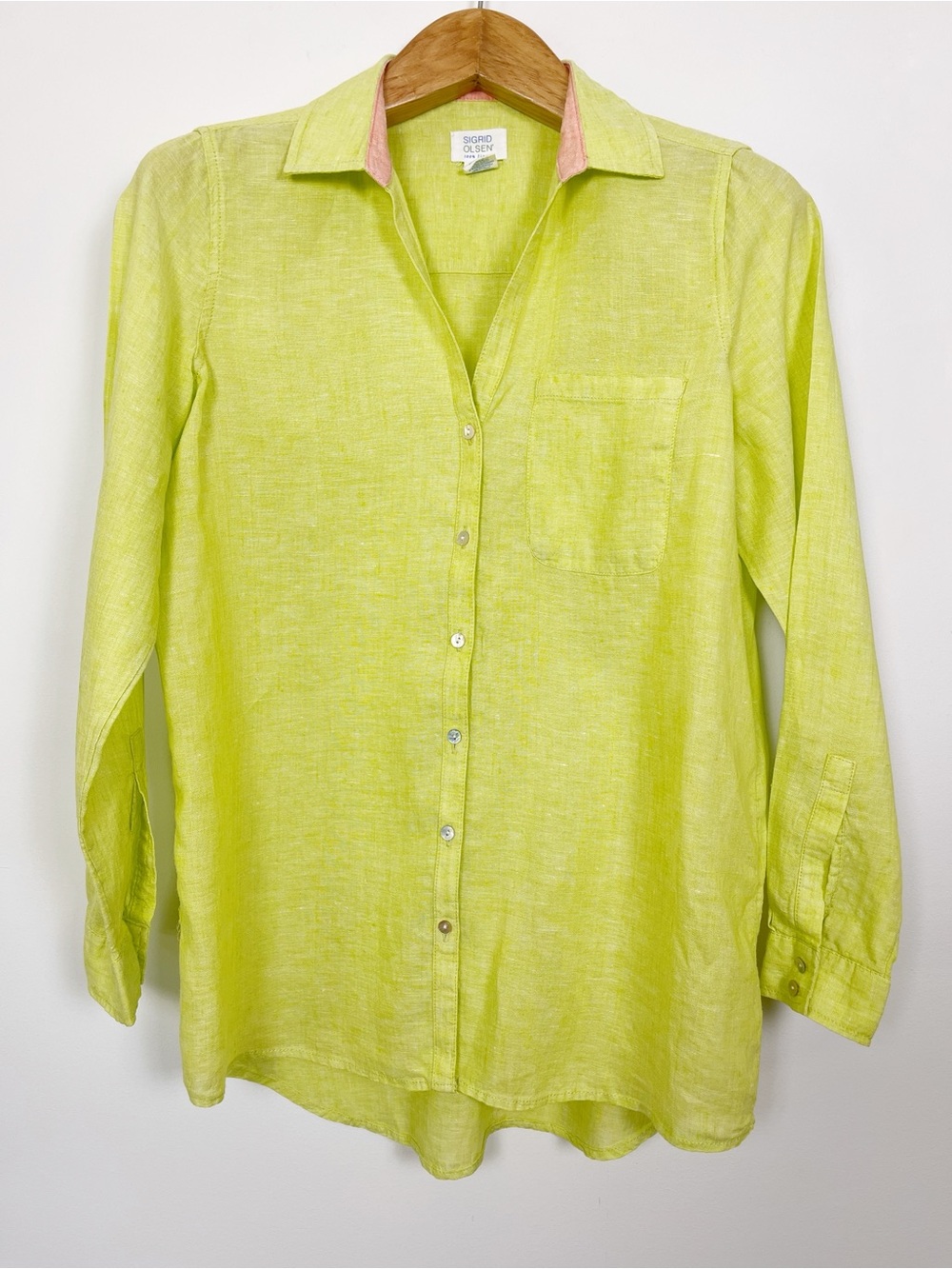 Sigrid Olsen Women’s Green Yellow 100% Linen Buttoned Shirt Blouse Size Small